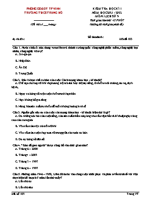 Đề kiểm tra học kì 1 môn Lịch sử 9 - Năm học 2021-2022 - Mã đề 103